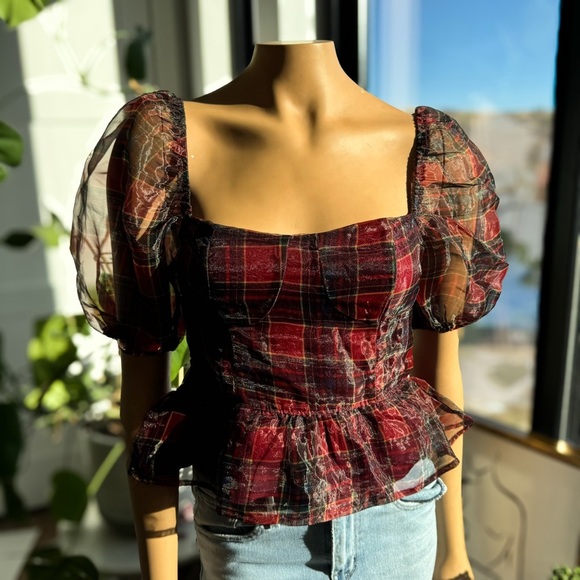 Andy Plaid Puff Sleeve Blouse by Audrey Parks of Francesca’s, NWT, Sizes: S & L - Picture 7 of 10